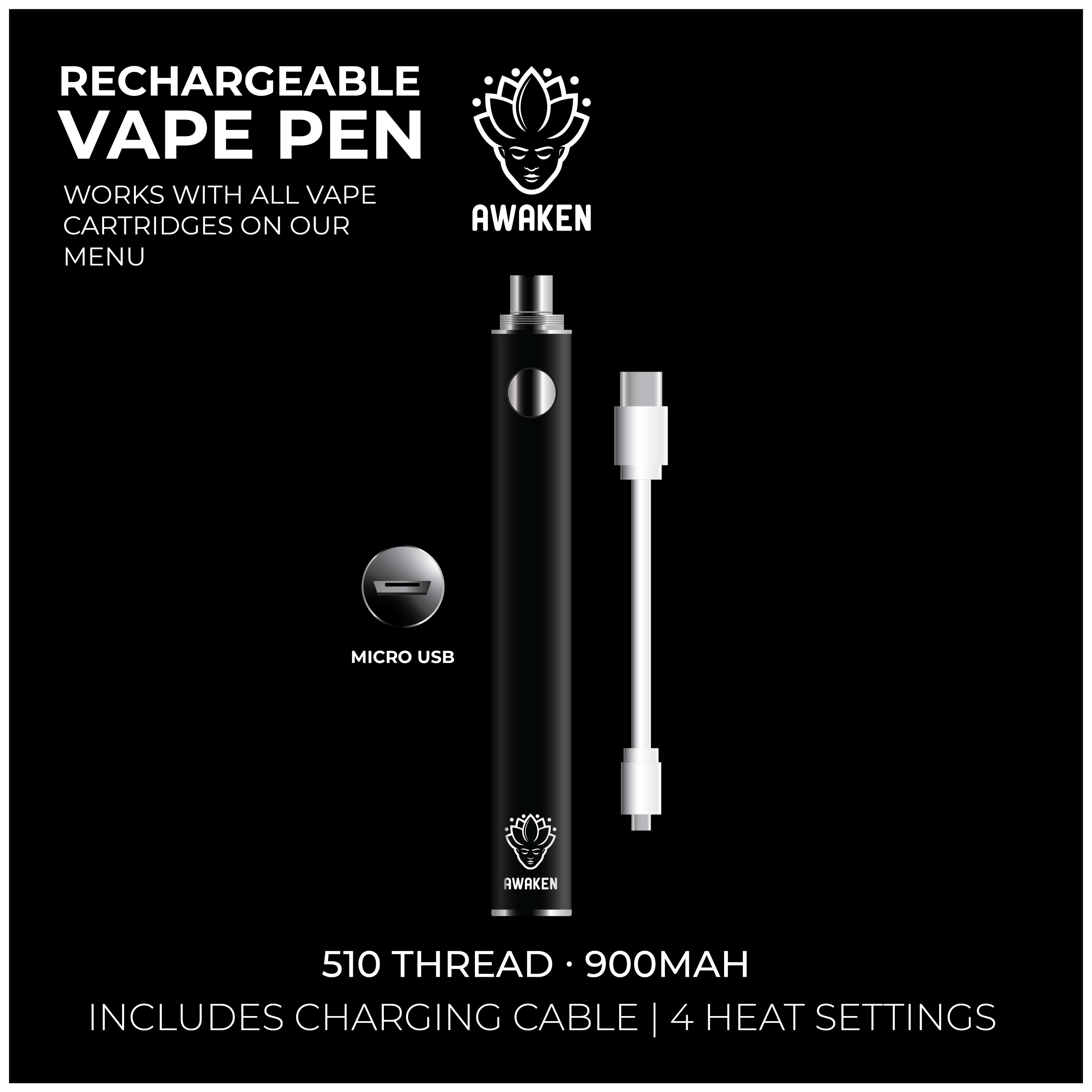 Awaken Vape Pen | Matte Black | Rechargeable | 4 Heat Settings