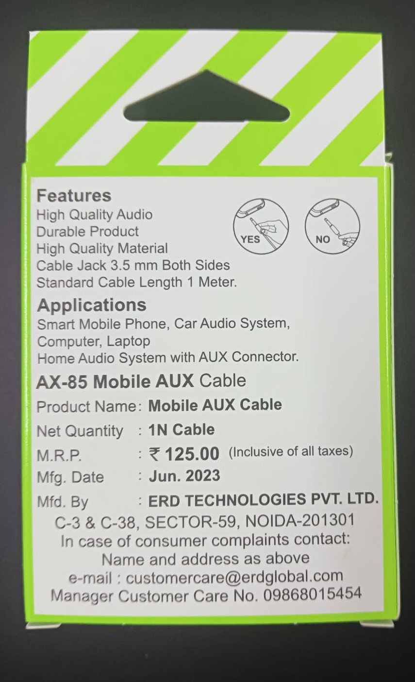 ERD AX-85 3.5 mm Male to Male 1 Meter Aux Audio, White_1