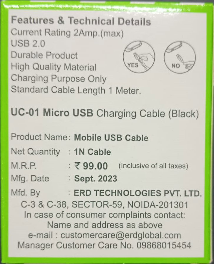 ERD UC-01 Micro USB Cable Black 1 Meter With GST Bill_1