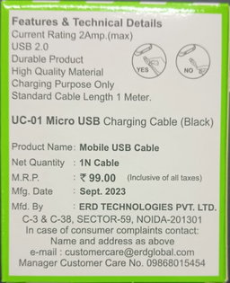 ERD UC-01 Micro USB Cable Black 1 Meter With GST Bill