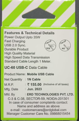 ERD UC-60 Black Type-C Data Cable With GST Bill