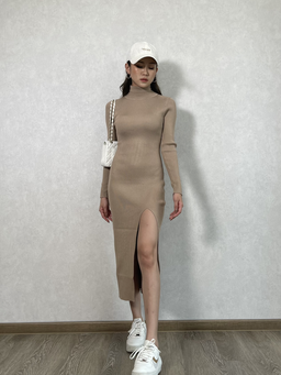 TURTLE NECK KNIT DRESS (Tan)