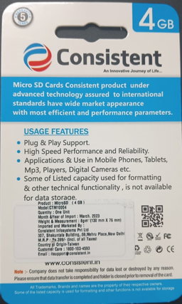 Consistent 4GB Micro SD Card CTM10004 With GST Bill
