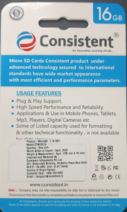 Consistent 16GB Micro SD Card CTM10016 With GST Bill
