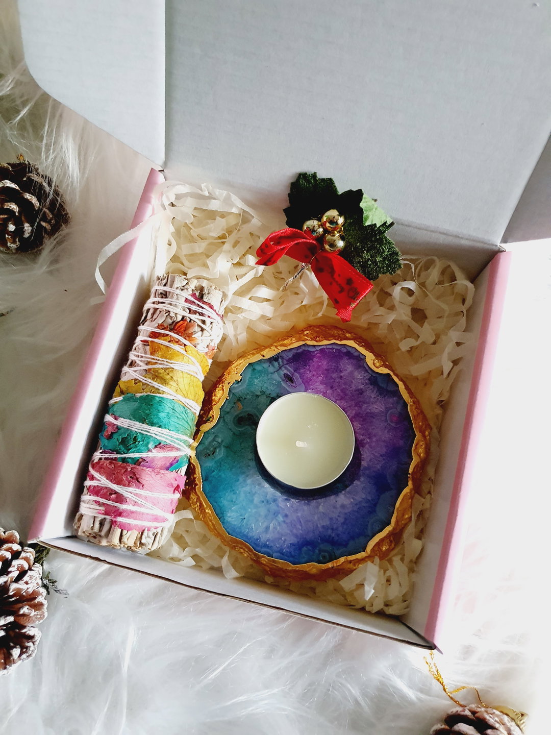 Rainbow Agate Tealight Candle holder + Rose white sage