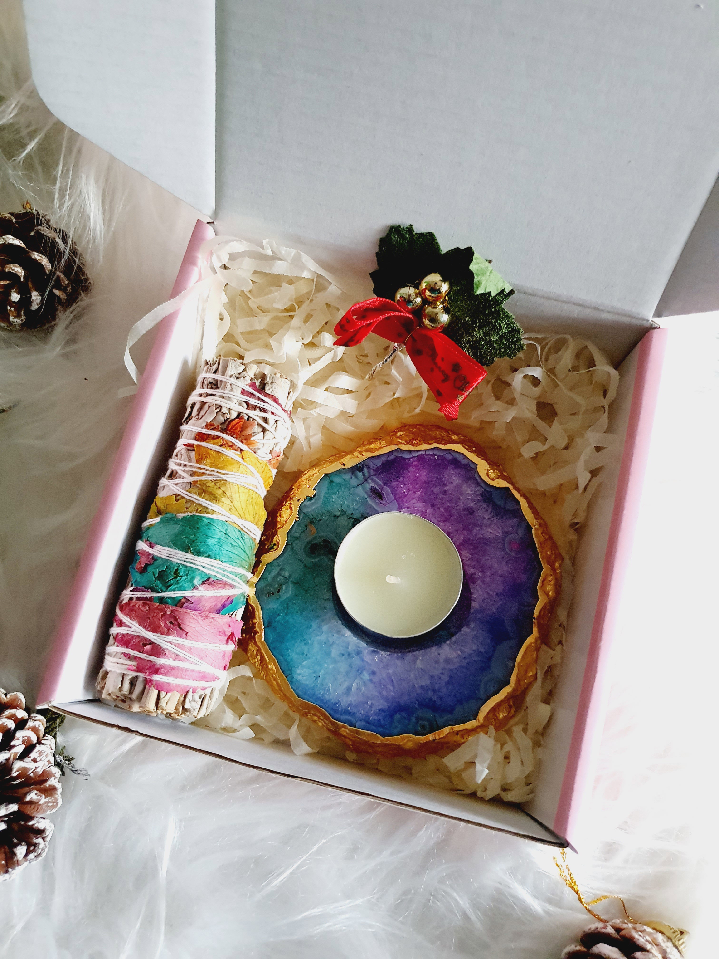 Rainbow Agate Tealight Candle holder + Rose white sage