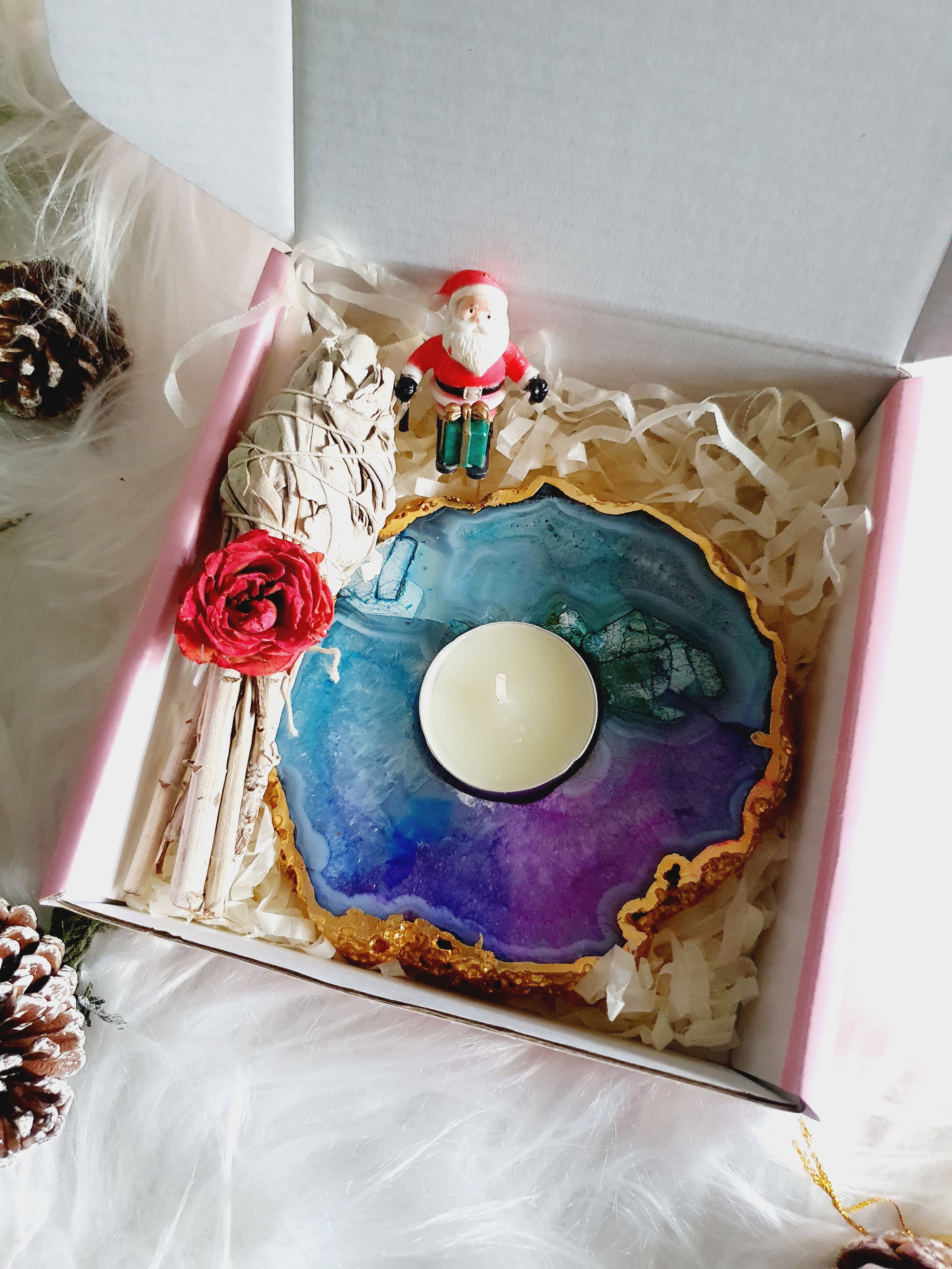 Rainbow Agate Tealight Candle holder + Rose white sage_1
