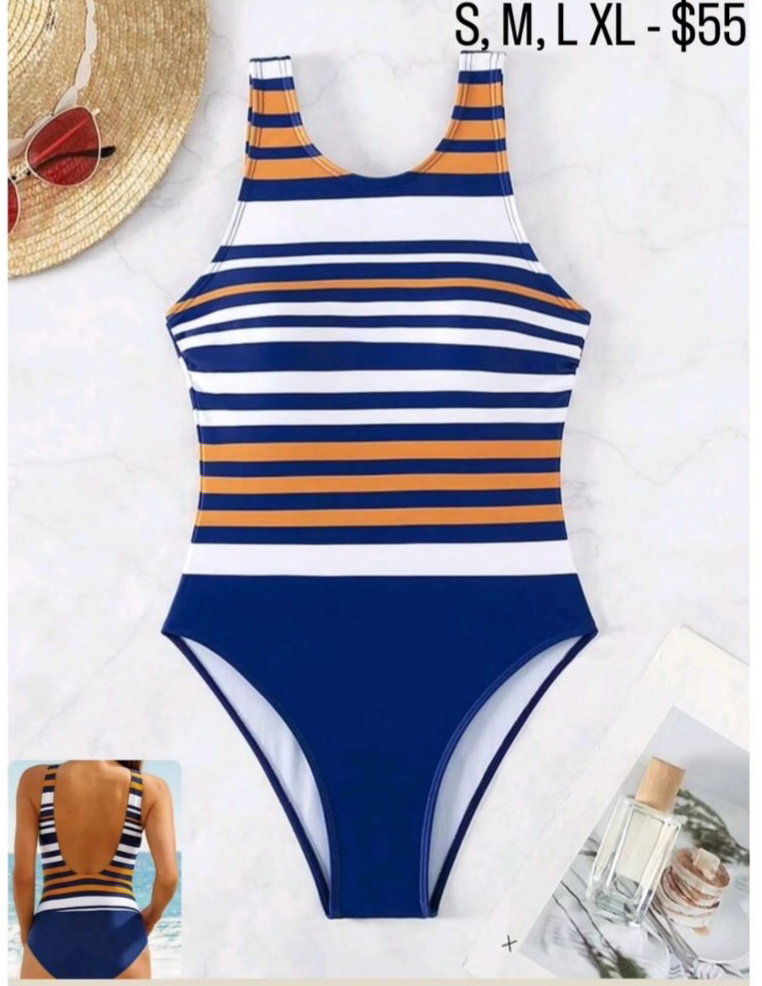 White, Navy & Brown Striped Low Back One Piece Swimsuit