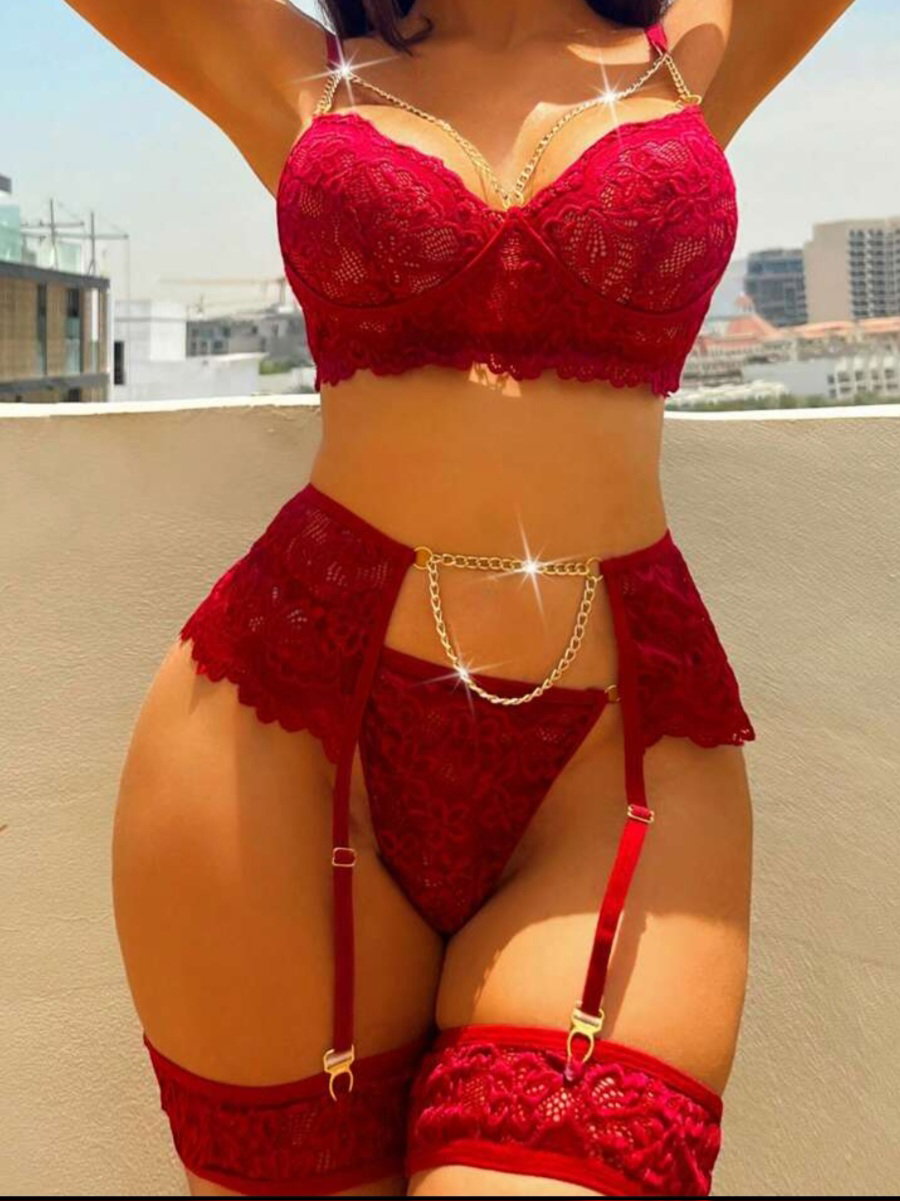 Burgundy Floral Lace Underwire Garter Lingerie Set with 1pair Leg Ring