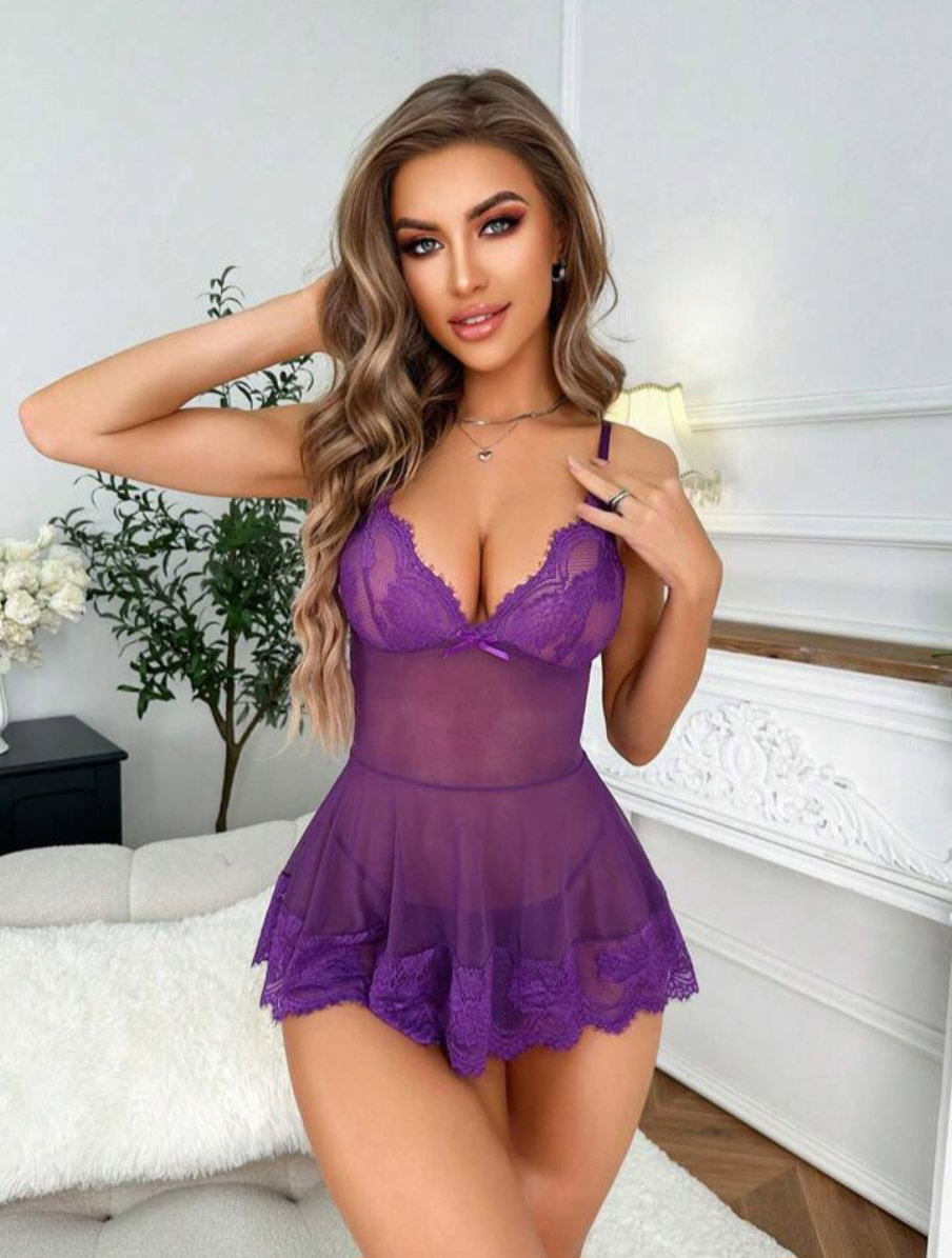 Violet Purple Contrast Lace Mesh Slips with Thong_3