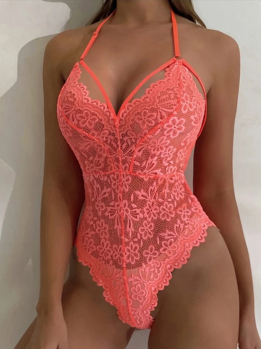 Coral Pink Floral  Lace Scallop Trim Harness Teddy Bodysuit_3