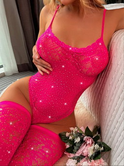 Hot Pink Rhinestone Studded Teddy Bodysuit with 1pair Stocking