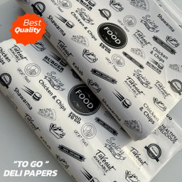  DELI PAPERS - “FOOD TO GO”  / BLACK & WHITE - A4 paper size : 8.5 inches x 12 inches)