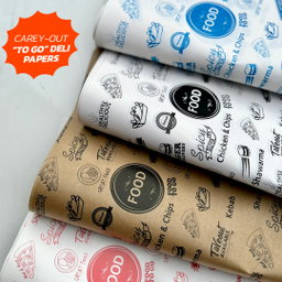  DELI PAPERS - “FOOD TO GO”  / BLUE & WHITE- 3 SIZES