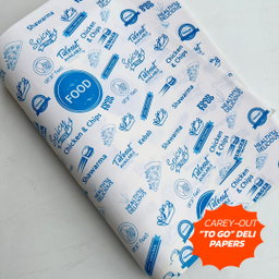  DELI PAPERS - “FOOD TO GO”  / BLUE & WHITE- 3 SIZES