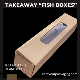 GRILLED FISH TAKEOUT BOXES - 20” x 4.5” x 4”  BROWN - (OPEN TOP ; WINDOWED / PET-LINED)