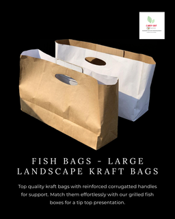 GRILLED FISH TAKEOUT BAGS - 21” x 10” x 5.5” WHITE / CORRUGATED OPEN HANDLES - CARTON OF 100 PIECES 