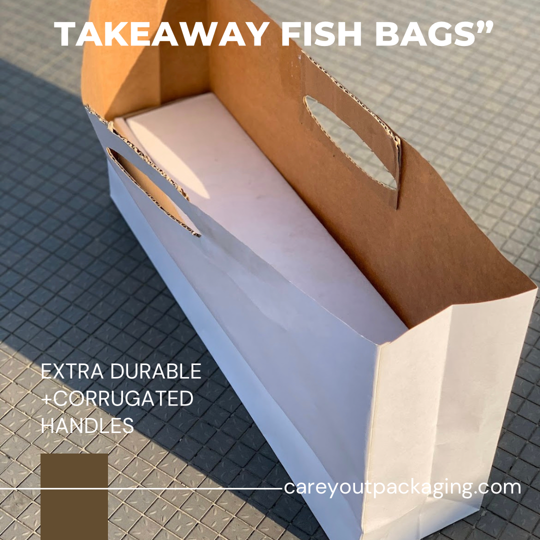 GRILLED FISH TAKEOUT BAGS - 21” x 10” x 5.5” WHITE / CORRUGATED OPEN HANDLES - CARTON OF 100 PIECES