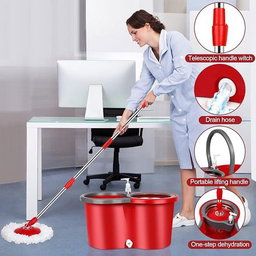 Red- Free Hand Wash 360 Rotating Mop With Bucket System