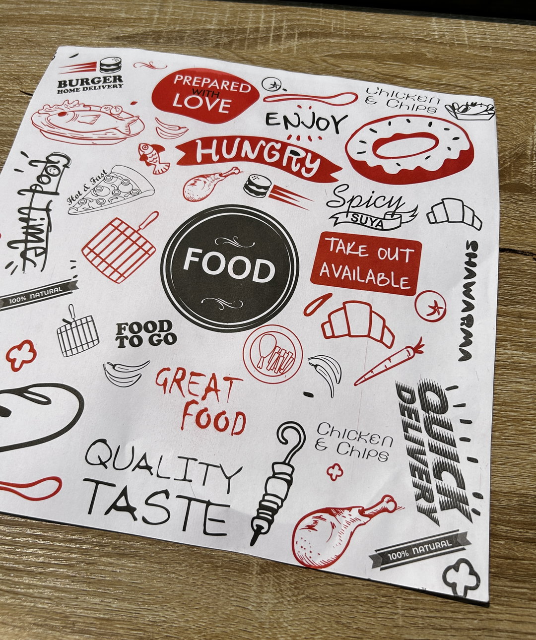 “ FOOD TO GO “ TABLE MATS - 12” x 12” - PACK OF 50 PIECES