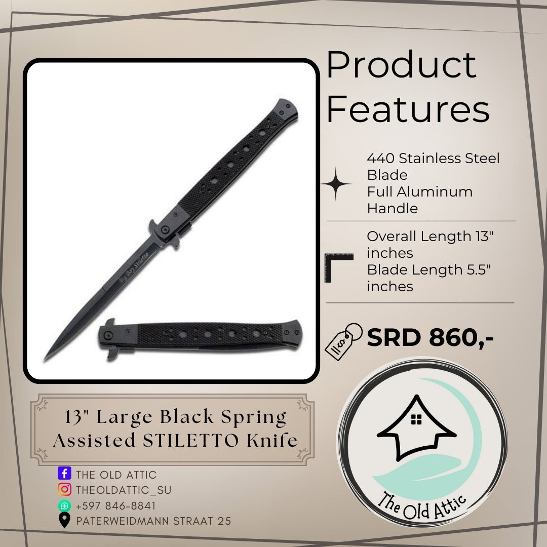 Large black spring assisted stiletto knife