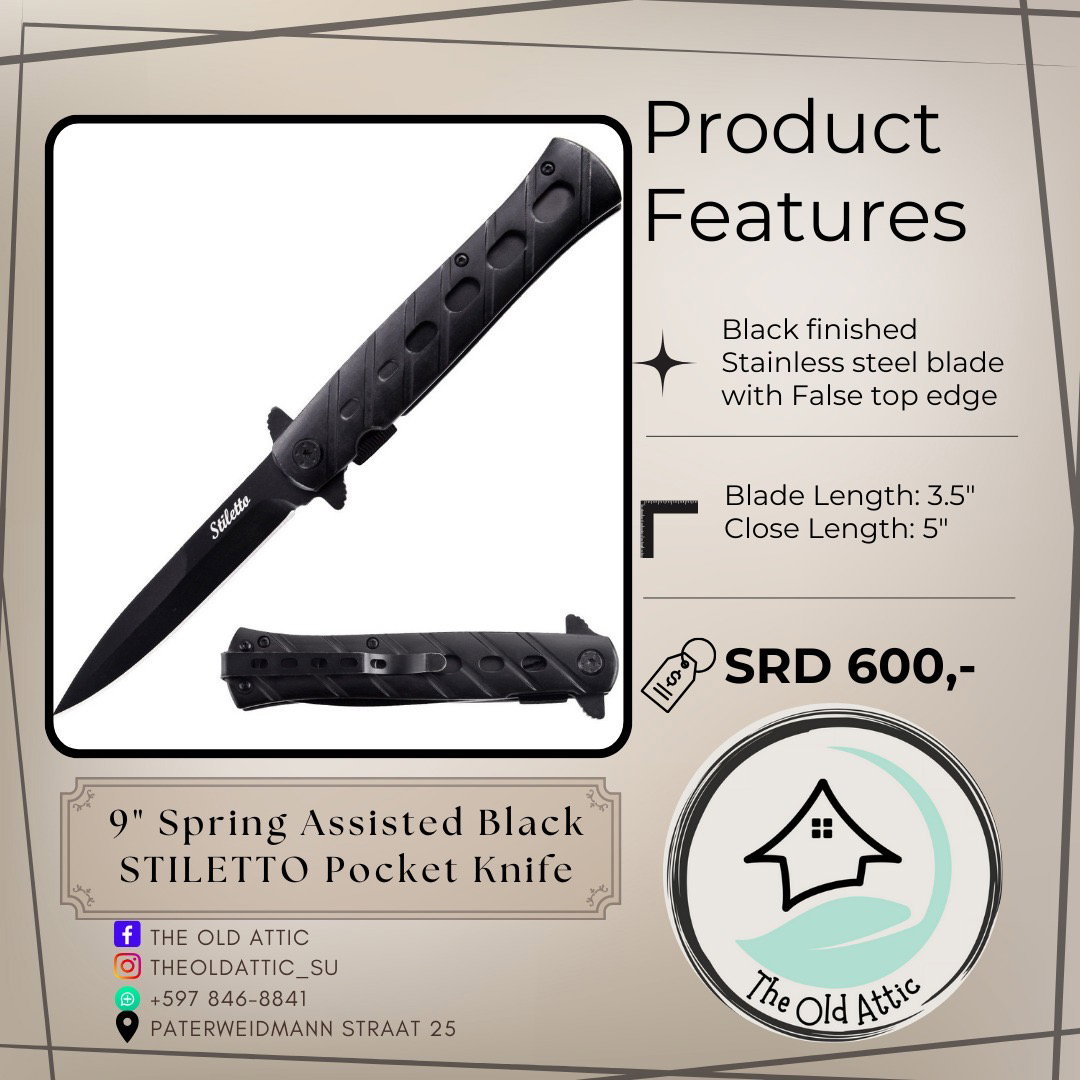 Spring assisted black stiletto pocket knife