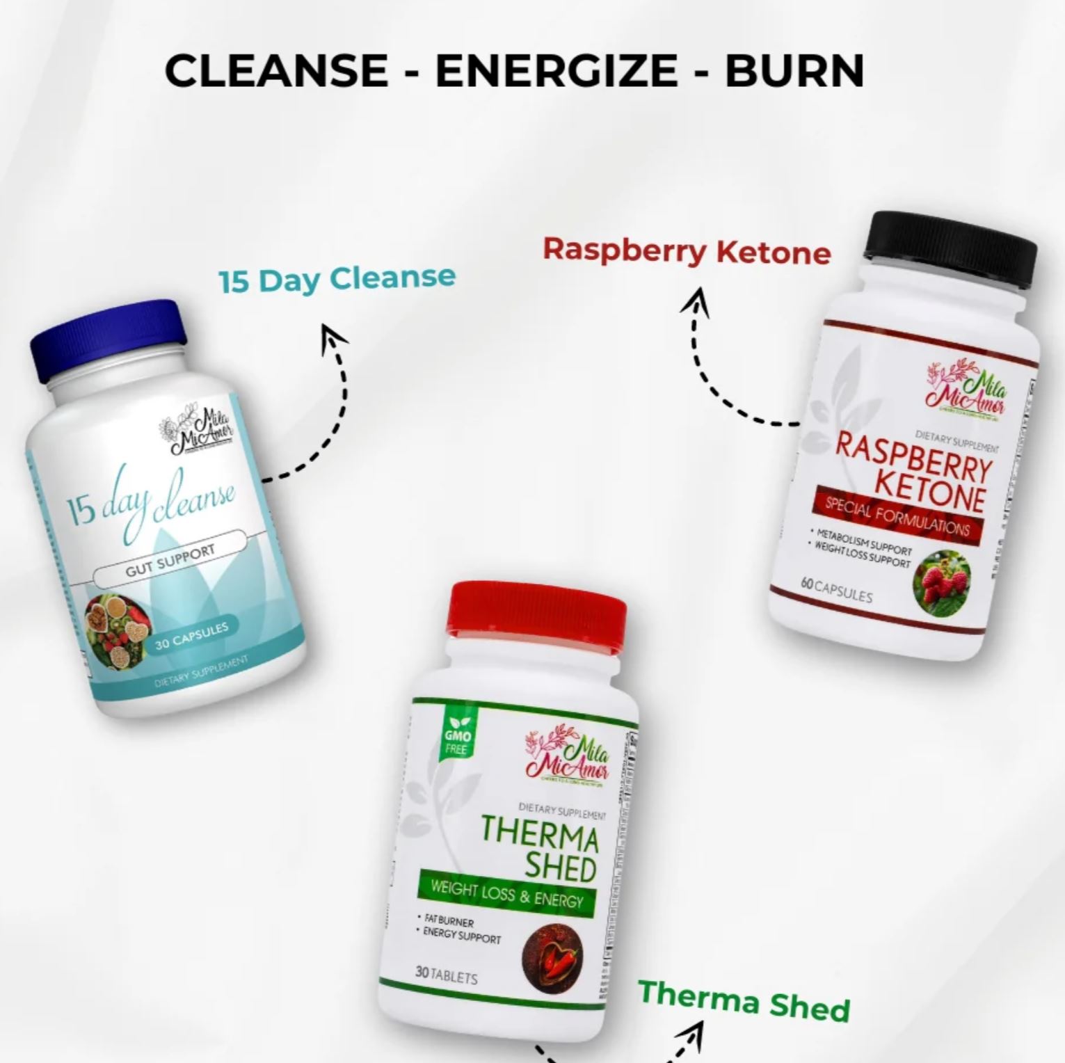 MILAMIAMOR - CLEANSE ENERGIZE BURN | WEIGHT LOSS BUNDLE | 15 DAY CLEANSE, THERMA SHED, RASPBERRY KETONE