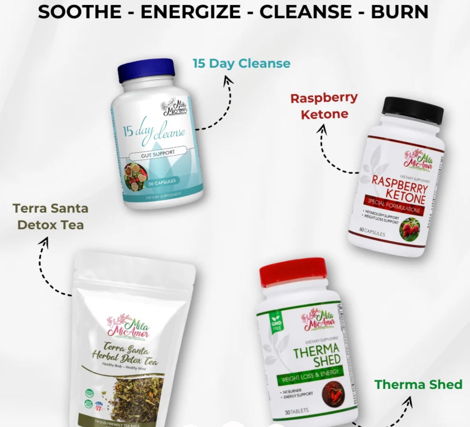 MILAMIAMOR - SOOTHE ENERGIZE CLEANSE BURN | FAT BURNER | METABOLISM BOOSTER | DIGESTIVE CLEANSE | WEIGHT LOSS BUNDLE