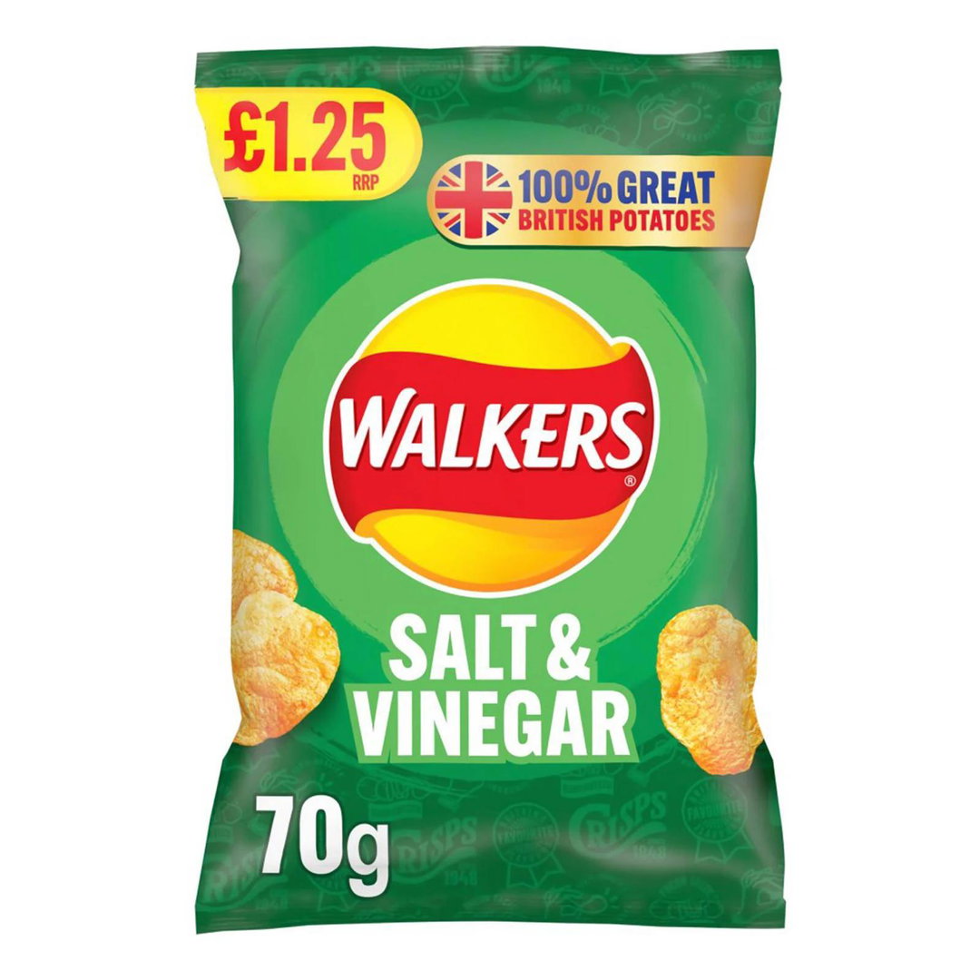 Walkers 70g salt and vinegar crisps Pm £1.25 15 per case Dated 18/5/24