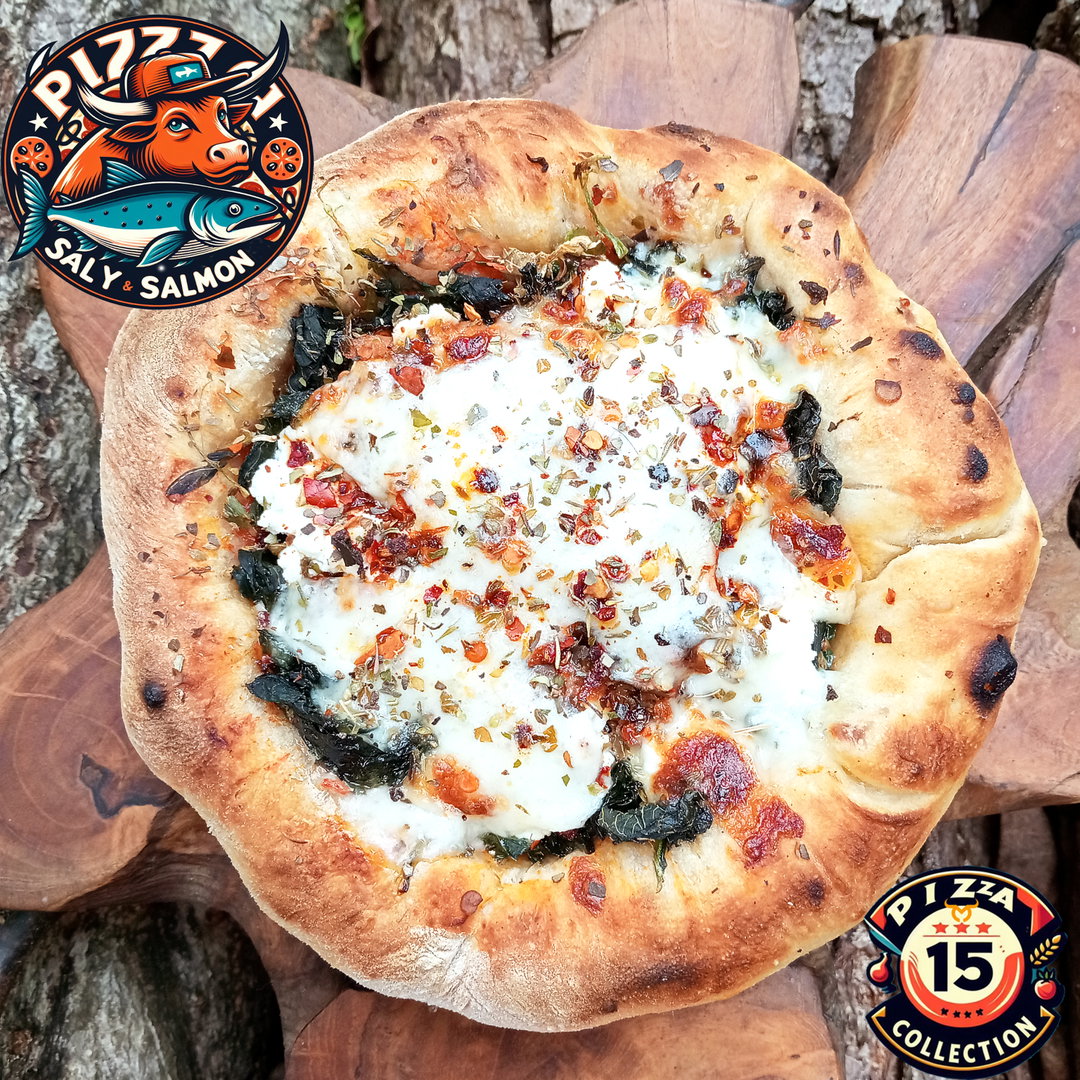 Pizza Saly Salmon. 15cm - Salmon, Ricotta, Bayam. Cheese Crust