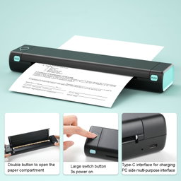 Bluetooth Wireless Handheld Portable Thermal Printer(Silver A4 Version)