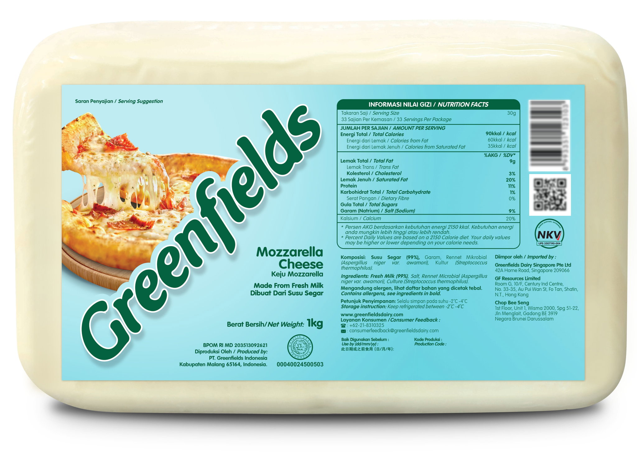 Greenfields Mozzarella Block Cheese 1kg_0