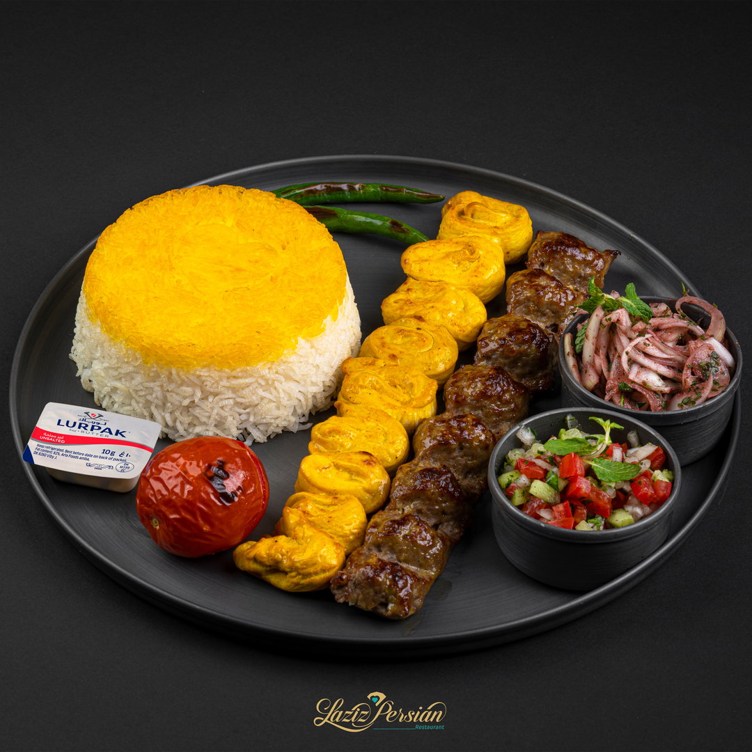 Cholo Kabab Vaziri (mixed   grill lamb minced kobide and chicken boneless kabab with rice)