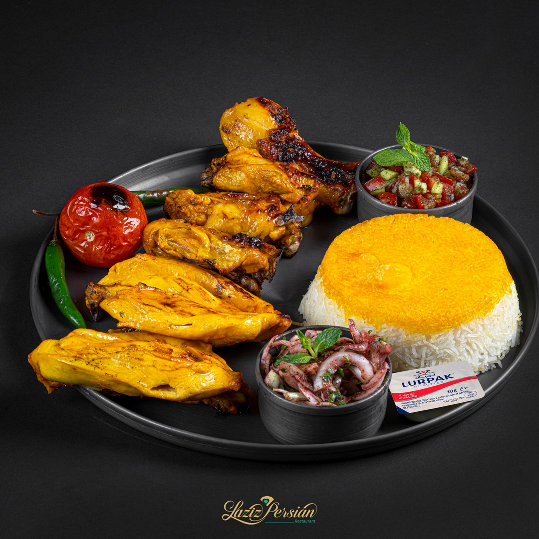 chicken bone-in kabab with   rice (cholo joje kabab ba ostokhan)