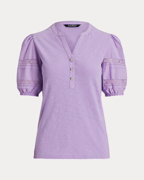 Lace-Trim Jersey Puff-Sleeve Henley Tee