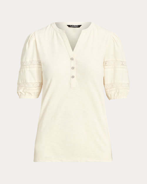 Lace-Trim Jersey Puff-Sleeve Henley Tee_2