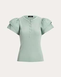Stretch Cotton Flutter-Sleeve Henley Top