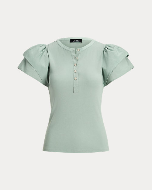 Stretch Cotton Flutter-Sleeve Henley Top
