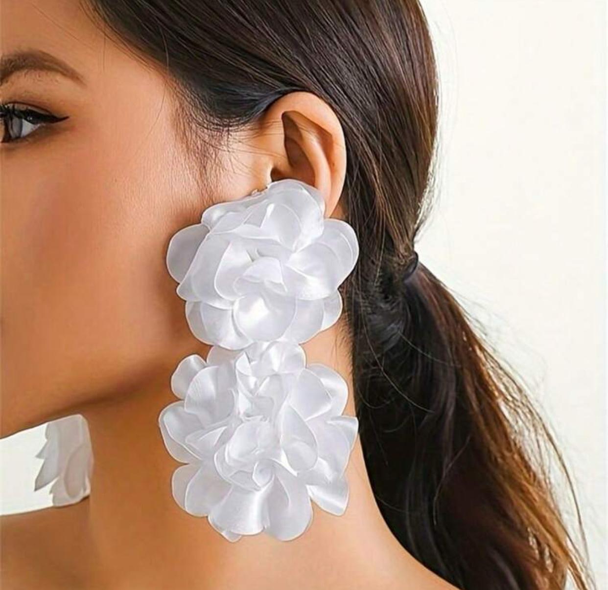 Exaggerated Double Fabric Flower Design Dangle Earrings_1