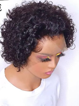 Curly Huma Hair Pixie Short Bob Wig 13*1 Lace , Pre Plucked Hairline