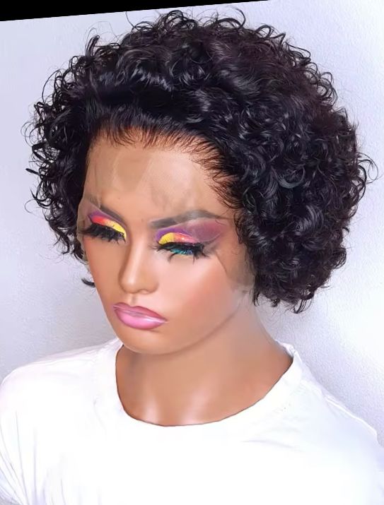 Curly Huma Hair Pixie Short Bob Wig 13*1 Lace , Pre Plucked Hairline_1