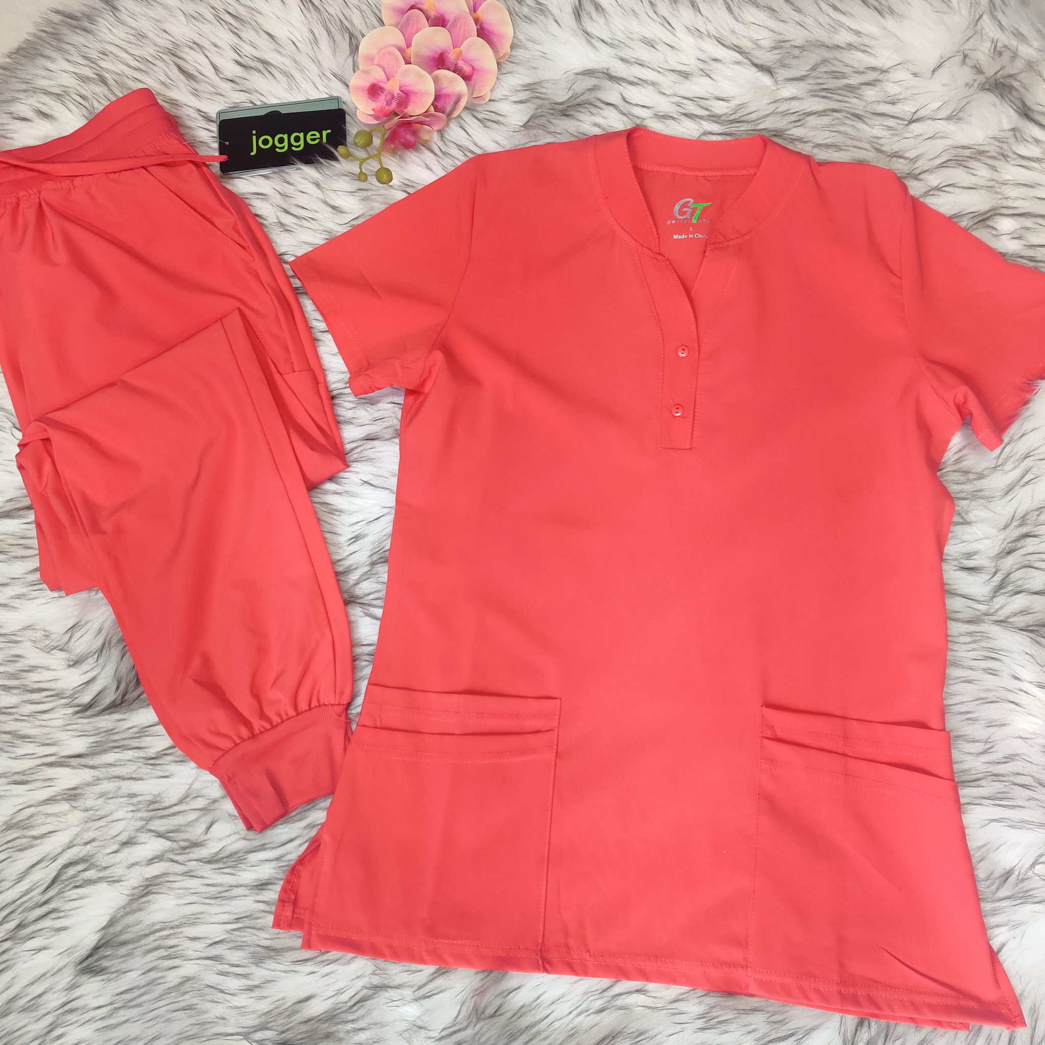 SUNSET CORAL BUTTON DOWN SCRUB TOP_0