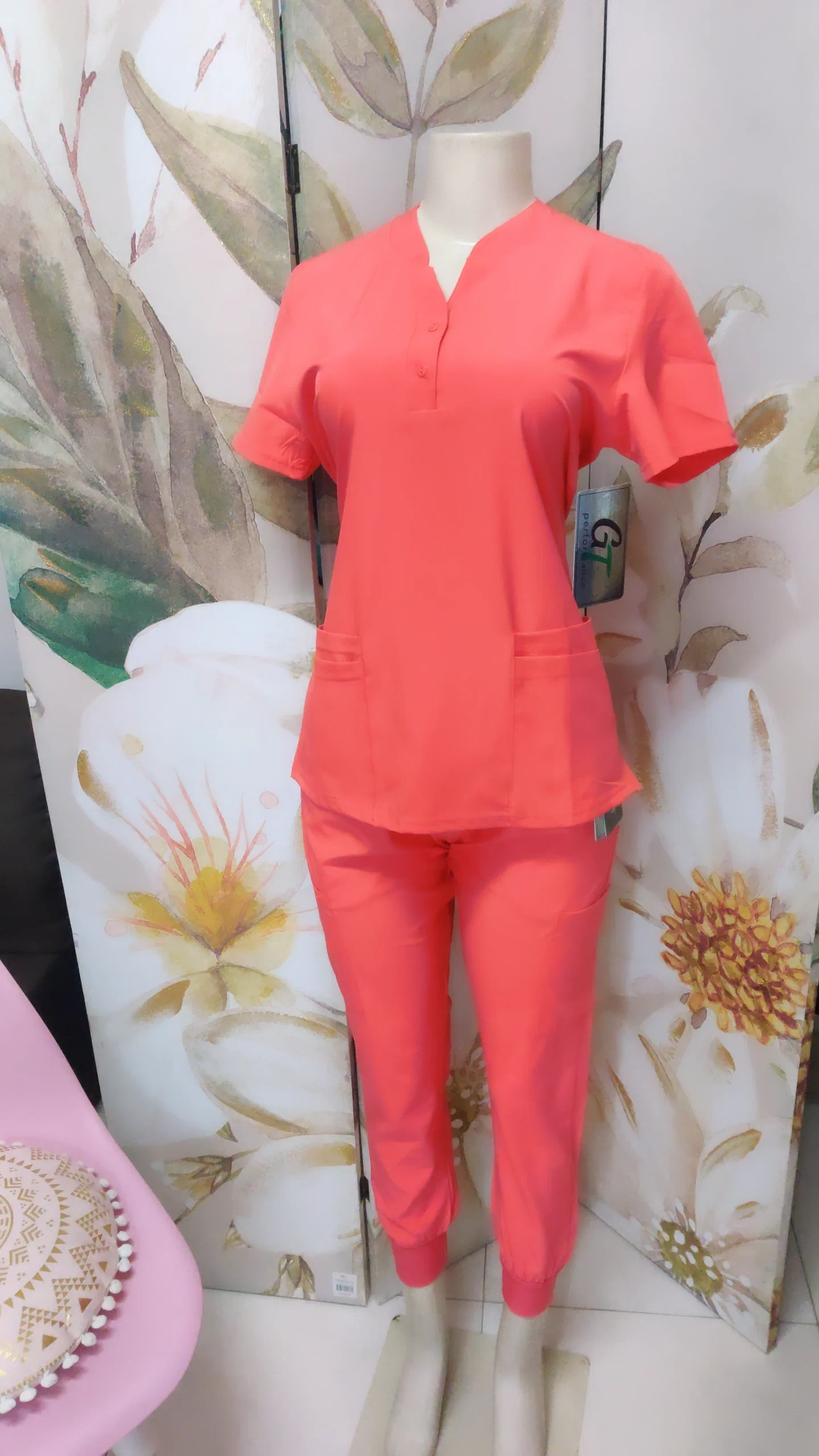 SUNSET CORAL BUTTON DOWN SCRUB TOP_1