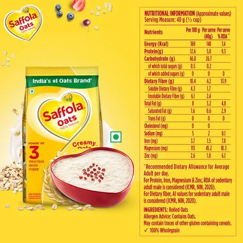 Saffola Saffola Oats - 100% Natural With High Protein & Fibre, Healthy Cereals, 1 kg (Get 300g Free)_5