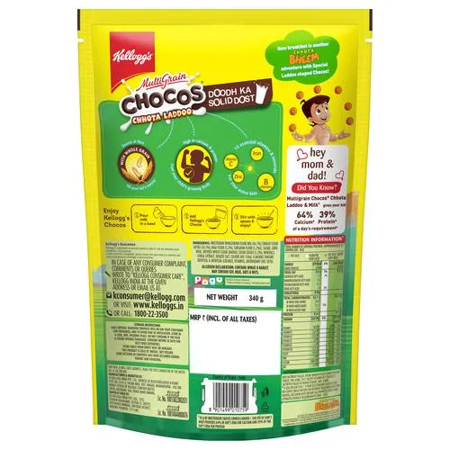  Highlights With 10 Essential Vitamins & Minerals Breakfast Cereal for Kids Kellogg's Kellogg's Multigrain Chocos Chhota Laddoo - Source of Calcium, High in Protein, 340 g_1