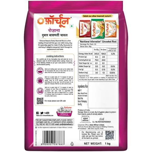 Fortune Basmati Rice/Basmati Akki - Rozana, 1 kg Pouch_1
