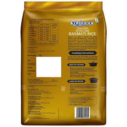 Kohinoor Basmati Rice/Basmati Akki - Extra Long, Gold, 1 kg Pouch_2