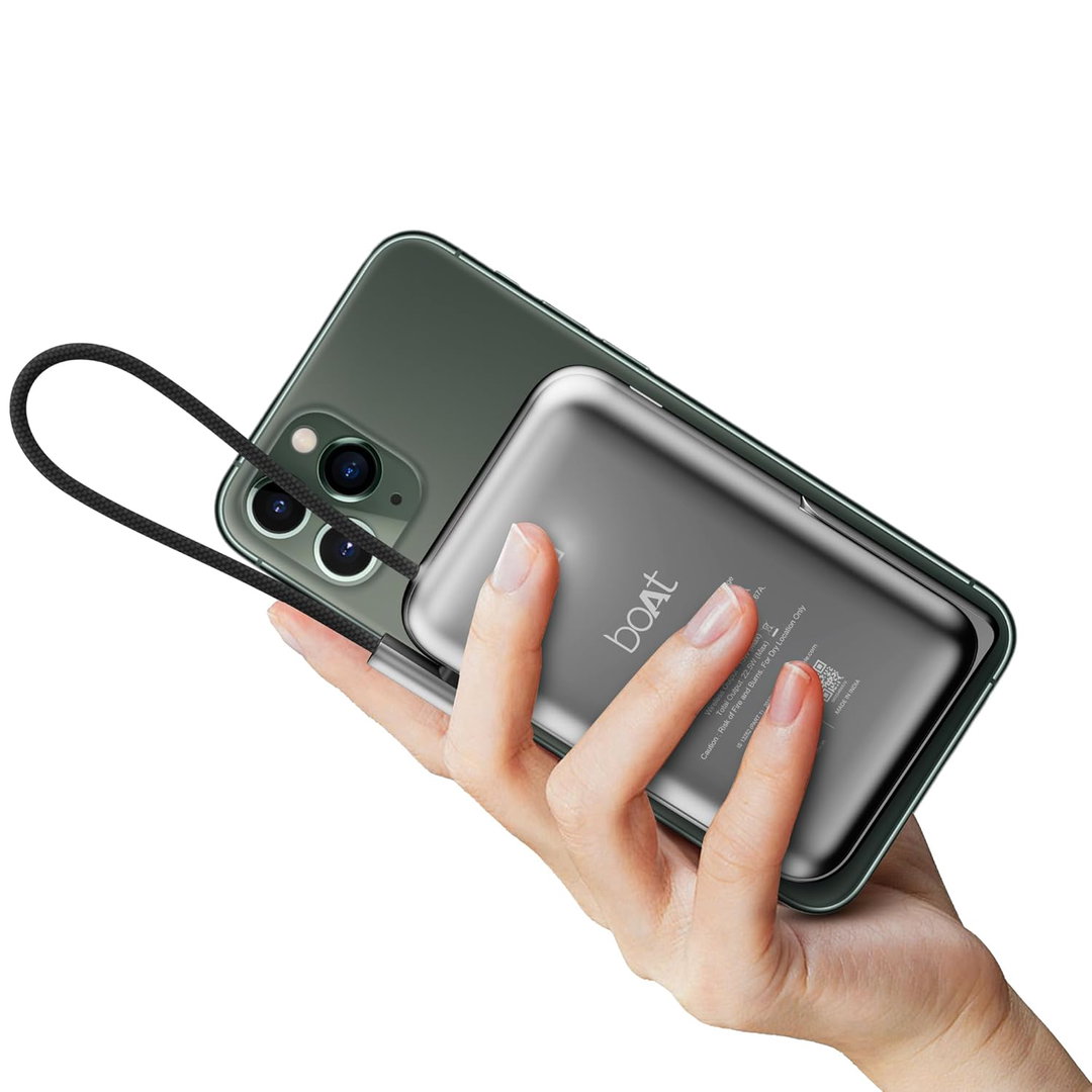 BoAt Energyshroom PB330 MagnaCharge 10000 mAh Magnetic Wireless Power Bank w/ 15W Wireless Charging, Metal Stand,Magnacharge Ring for iPhone and Android phones w/wireless charge(Black)