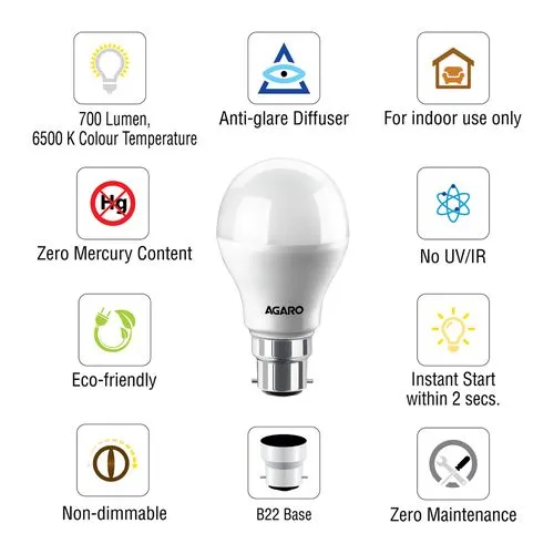 AGARO LED Bulb - 7 Watt, Cool Daylight, B22 Base, 1 pc_2
