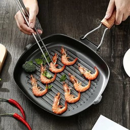 Non stick square steak pan with wooden handle 
